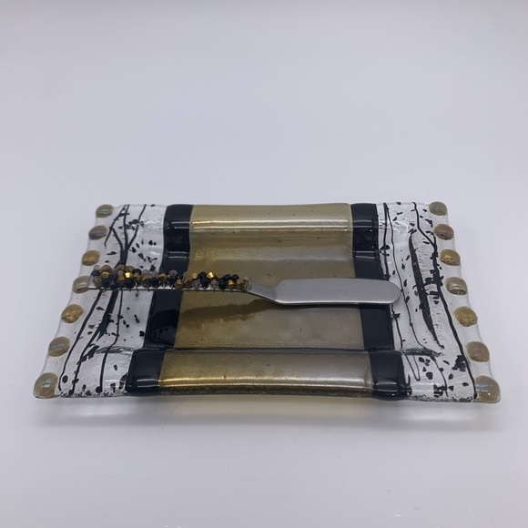 Fused Studio Art Glass Kathy Hudson Snack Tray With Decorative SS Knife Signed - Picture 4 of 12